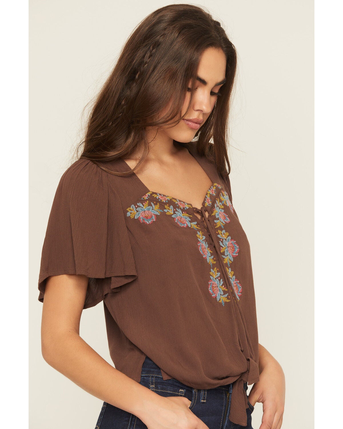 Image #2 - Shyanne Women's Floral Embroidered Short Sleeve Shirt, Brown, hi-res