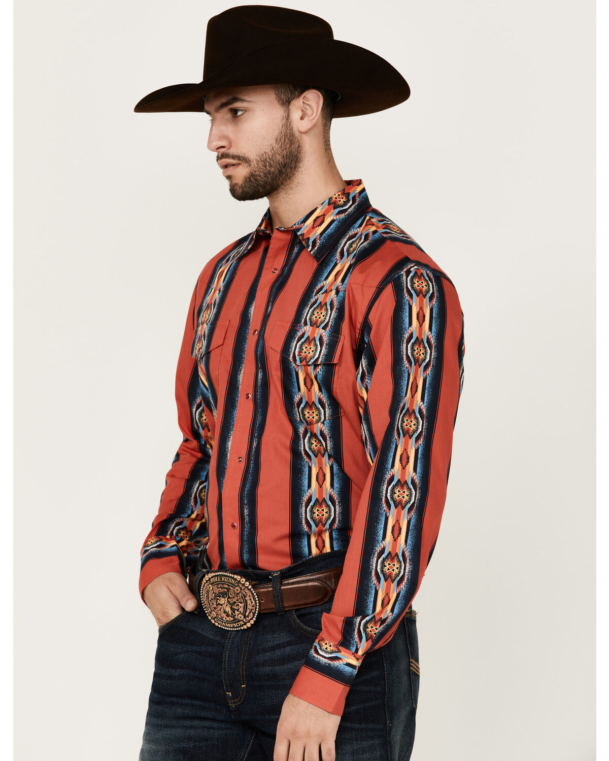 Image #2 - Wrangler Men's Checotah Southwestern Striped Print Long Sleeve Pearl Snap Western Shirt, Red, hi-res