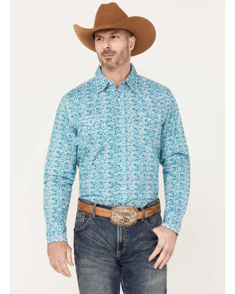 Image #1 - Wrangler 20X Men's Advanced Comfort Paisley Print Long Sleeve Snap Western Shirt, Teal, hi-res