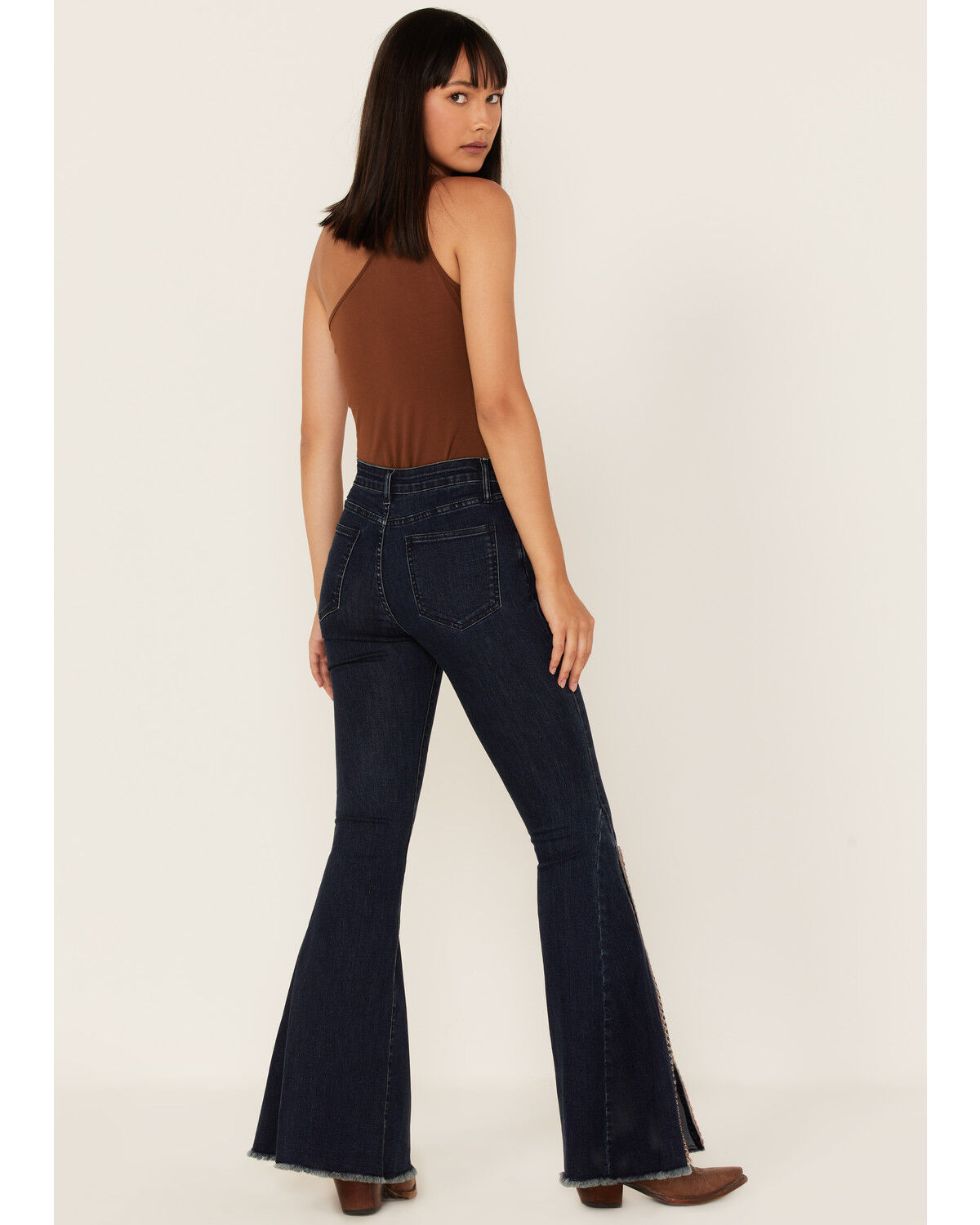 Image #3 - Saints & Hearts Women's Dark Wash High Rise Embroidered Slit Flare Jeans, Blue, hi-res