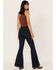 Image #3 - Saints & Hearts Women's Dark Wash High Rise Embroidered Slit Flare Jeans, Blue, hi-res