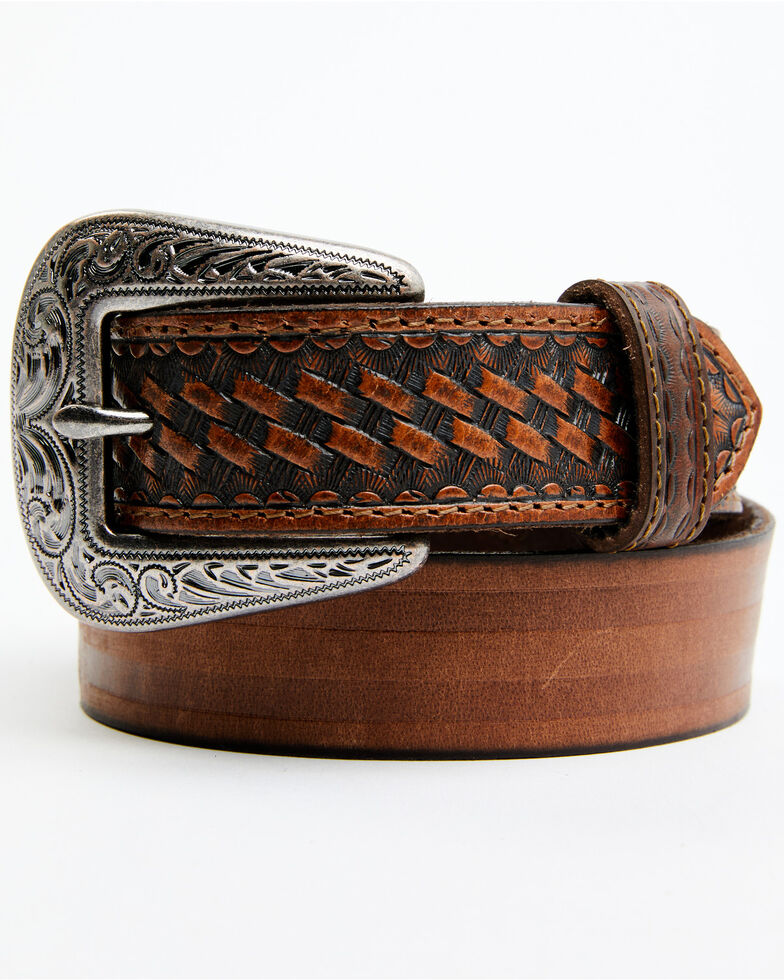 Cody James Boys' Embossed Double Stripe & Basketweave Western Belt, Medium Brown, hi-res
