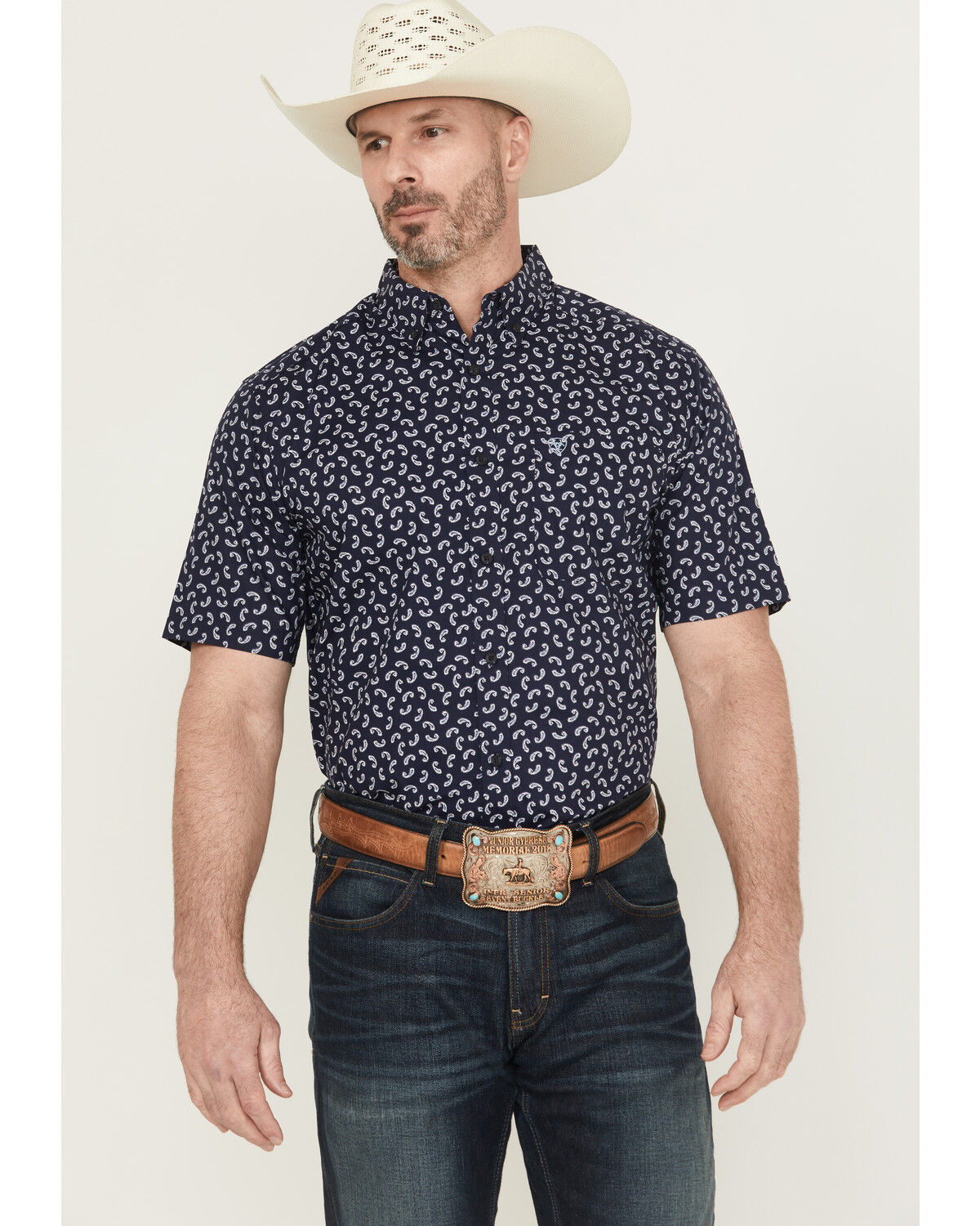 Image #1 - Ariat Men's Cian Paisley Print Short Sleeve Button-Down Western Shirt, Navy, hi-res