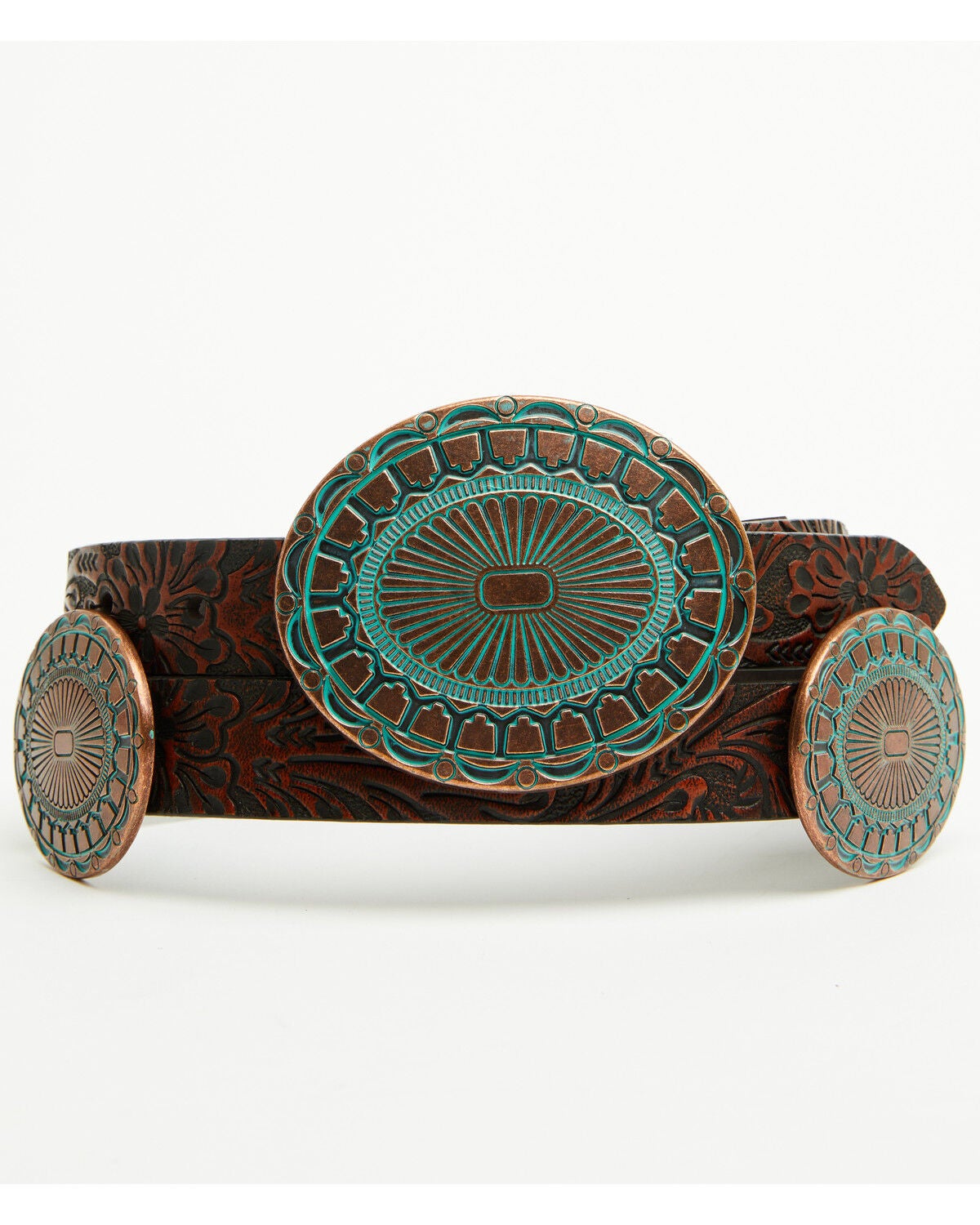Image #1 - Shyanne Women's Prairie Tooled Leather Concho Belt, Brown, hi-res