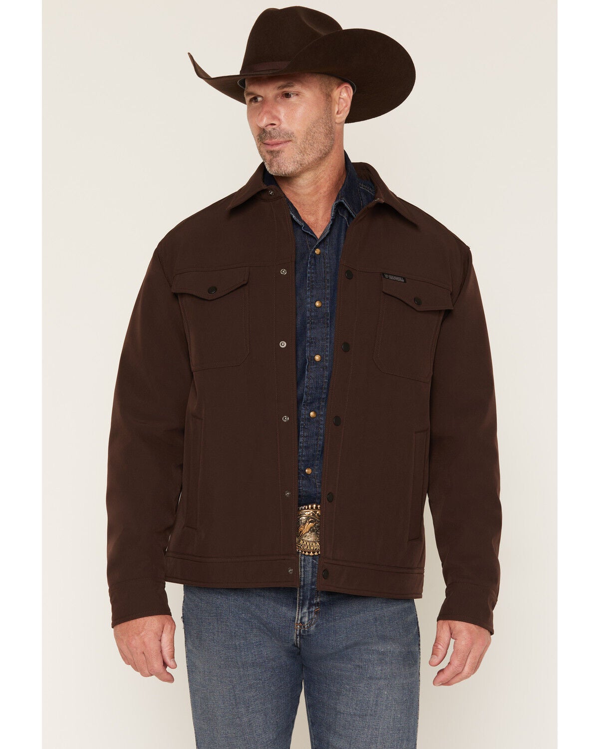 Image #1 - Rock & Roll Denim Men's Solid Softshell Trucker Jacket, Brown, hi-res