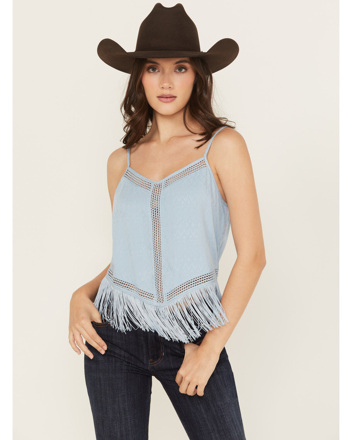 Image #1 - Idyllwind Women's Briarwick Jacquard Fringe And Lace Tank Top, Light Blue, hi-res