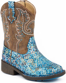 Roper Toddler Girls' Glitter Aztec Cowgirl Boots - Square Toe, Blue, hi-res