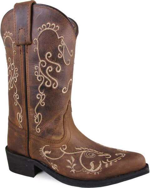 Image #1 - Smoky Mountain Girls' Jolene Waxed Distressed Boots - Snip Toe , Brown, hi-res