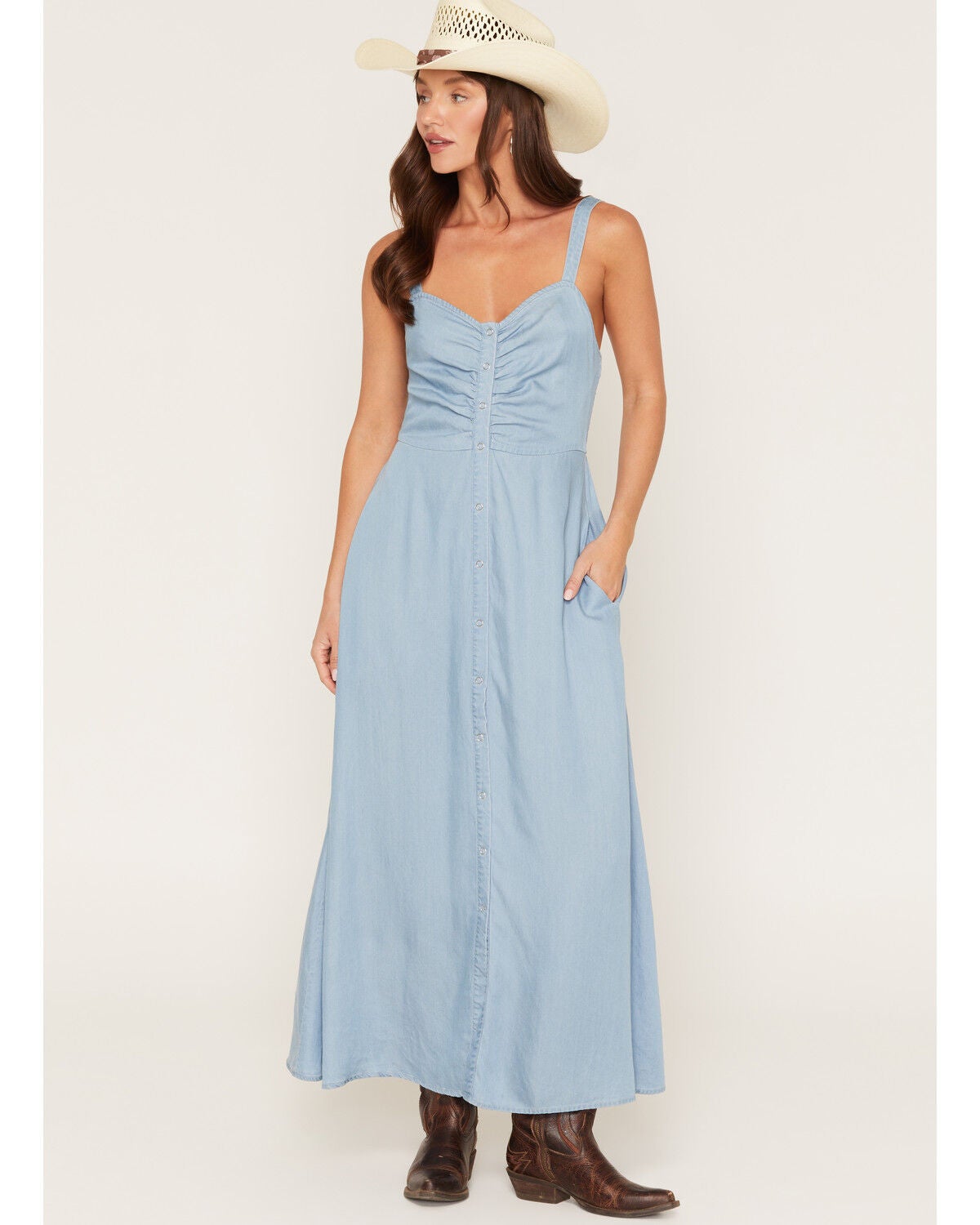 Image #1 - Lovestitch Women's Light Wash Sleeveless Snap Front Midi Dress, Light Wash, hi-res
