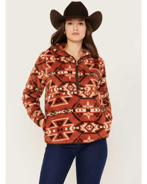Ariat Women's Southwestern Print Berber Hooded Pullover, Rust Copper, hi-res