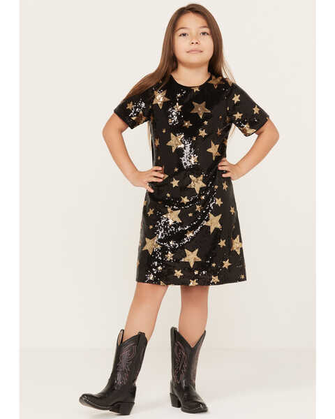 Image #1 - Hayden LA Girls' Star Print Sequin Dress, Black, hi-res
