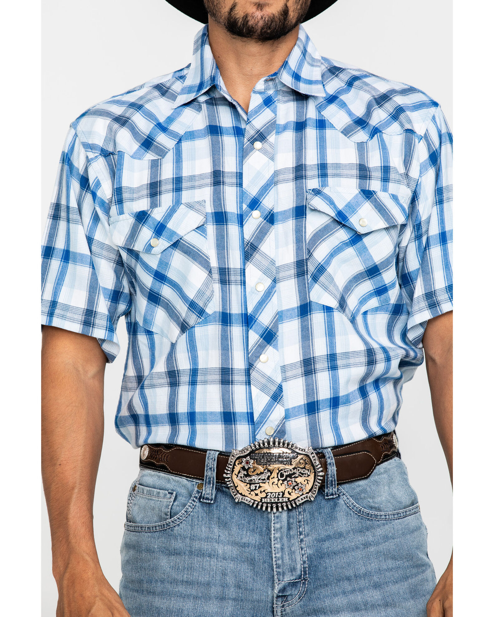 Image #4 - Resistol Men's Blue Vallecito Large Plaid Short Sleeve Western Shirt, Blue, hi-res
