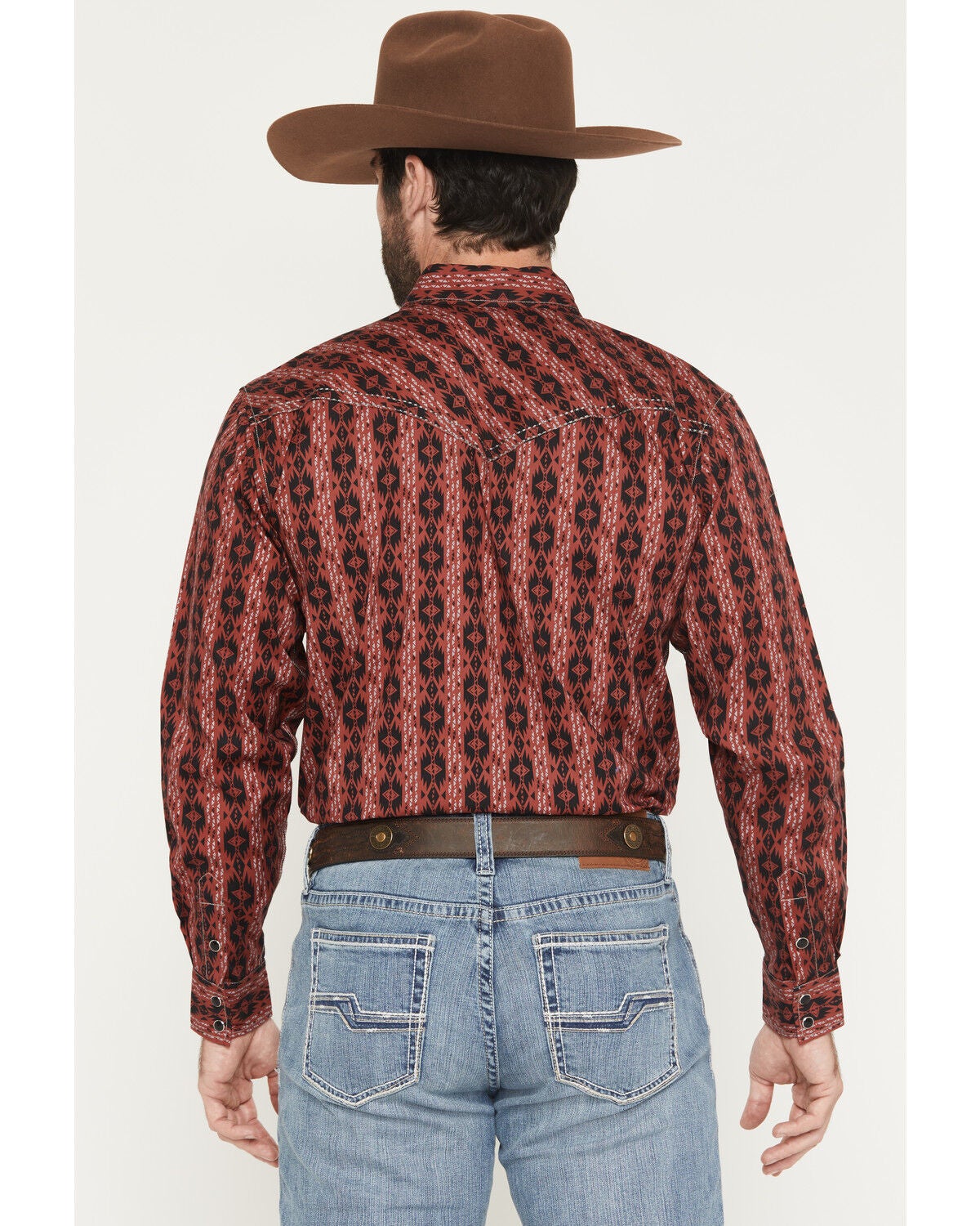 Image #4 - Cowboy Hardware Men's Southwestern Print Long Sleeve Snap Stretch Western Shirt, Red, hi-res