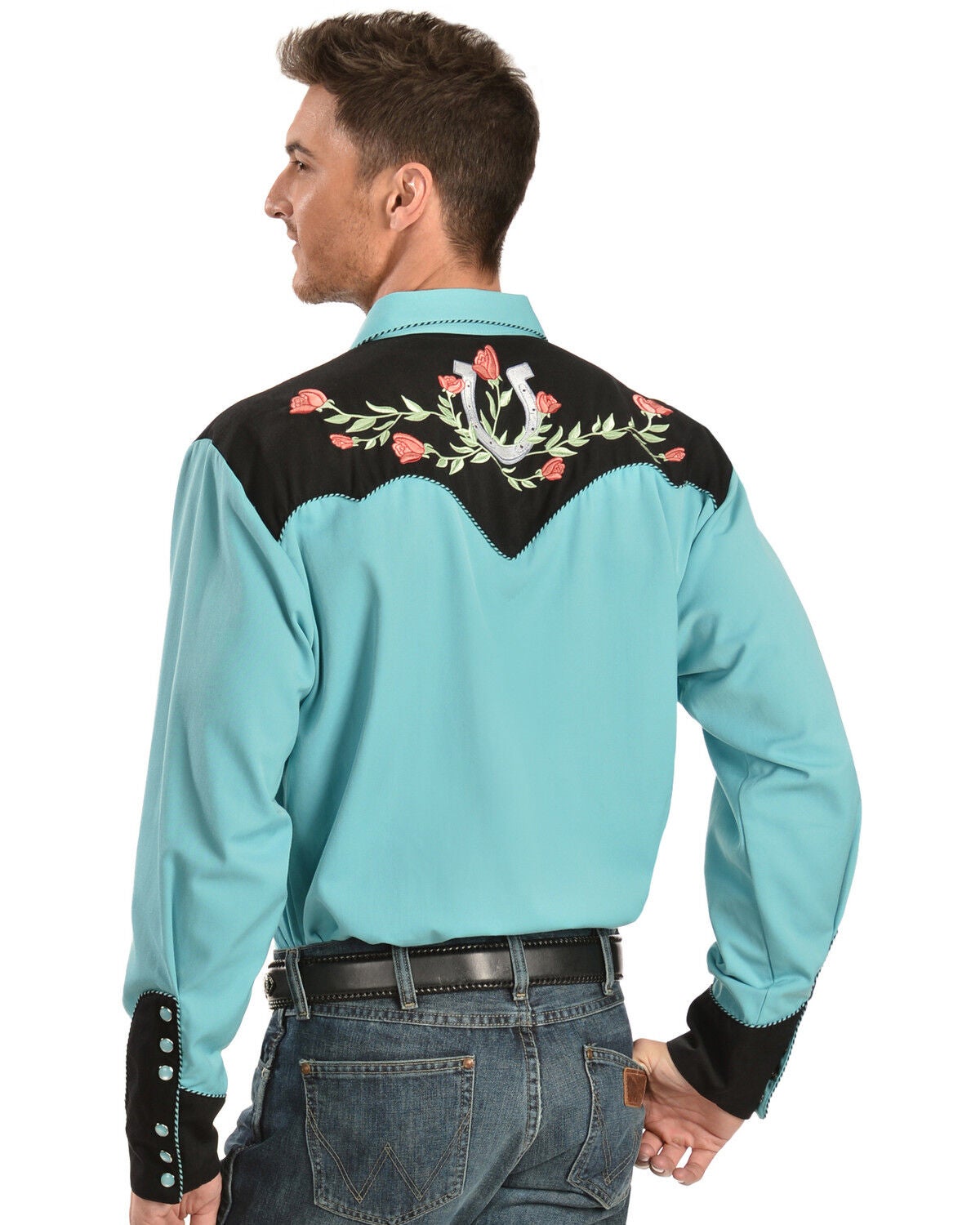 Image #3 - Scully Men's Rose & Horseshoe Embroidered Retro Long Sleeve Western Shirt - Big & Tall, Turquoise, hi-res