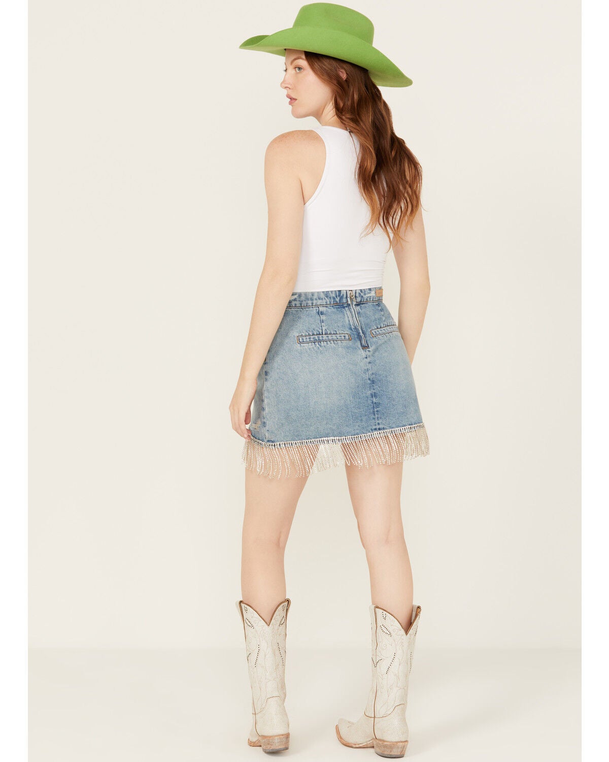 Image #4 - BLANKNYC Women's Medium Wash Denim Faux Wrap Embroidered Fringe Mini Skirt , , hi-res
