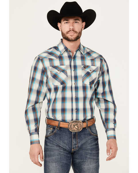 Rodeo Clothing Men's Plaid Print Long Sleeve Western Snap Shirt, Turquoise, hi-res