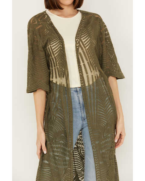 Image #3 - Shyanne Women's Geo Print  Lace Short Sleeve Kimono, Olive, hi-res