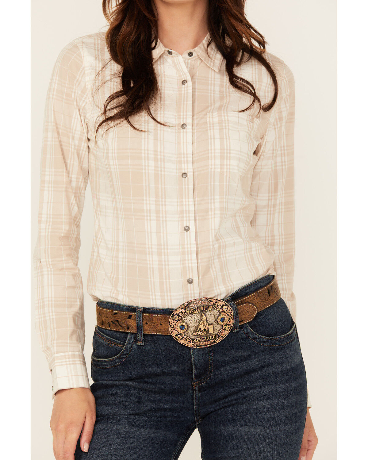 Image #3 - Shyanne Women's Plaid Print Long Sleeve Concho Snap Stretch Western Shirt, Natural, hi-res