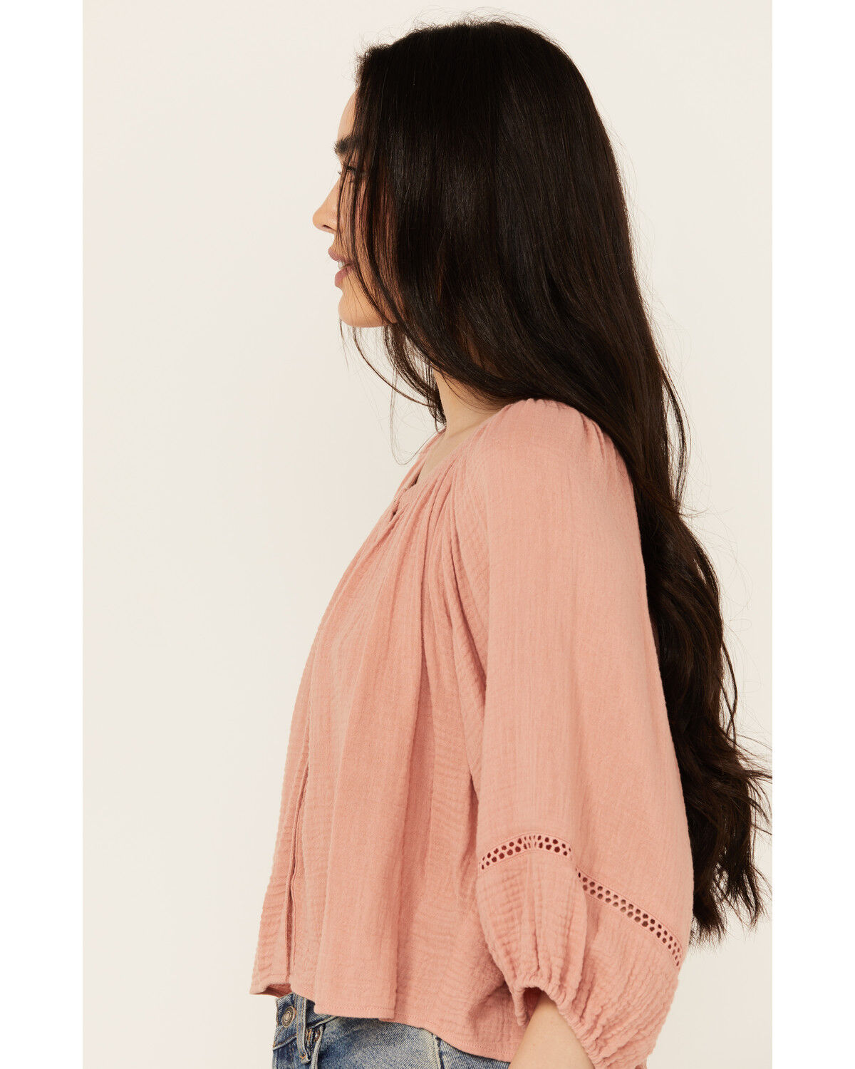 Image #2 - Cleo + Wolf Women's Brie Crochet Trim Long Sleeve Shirt, Peach, hi-res