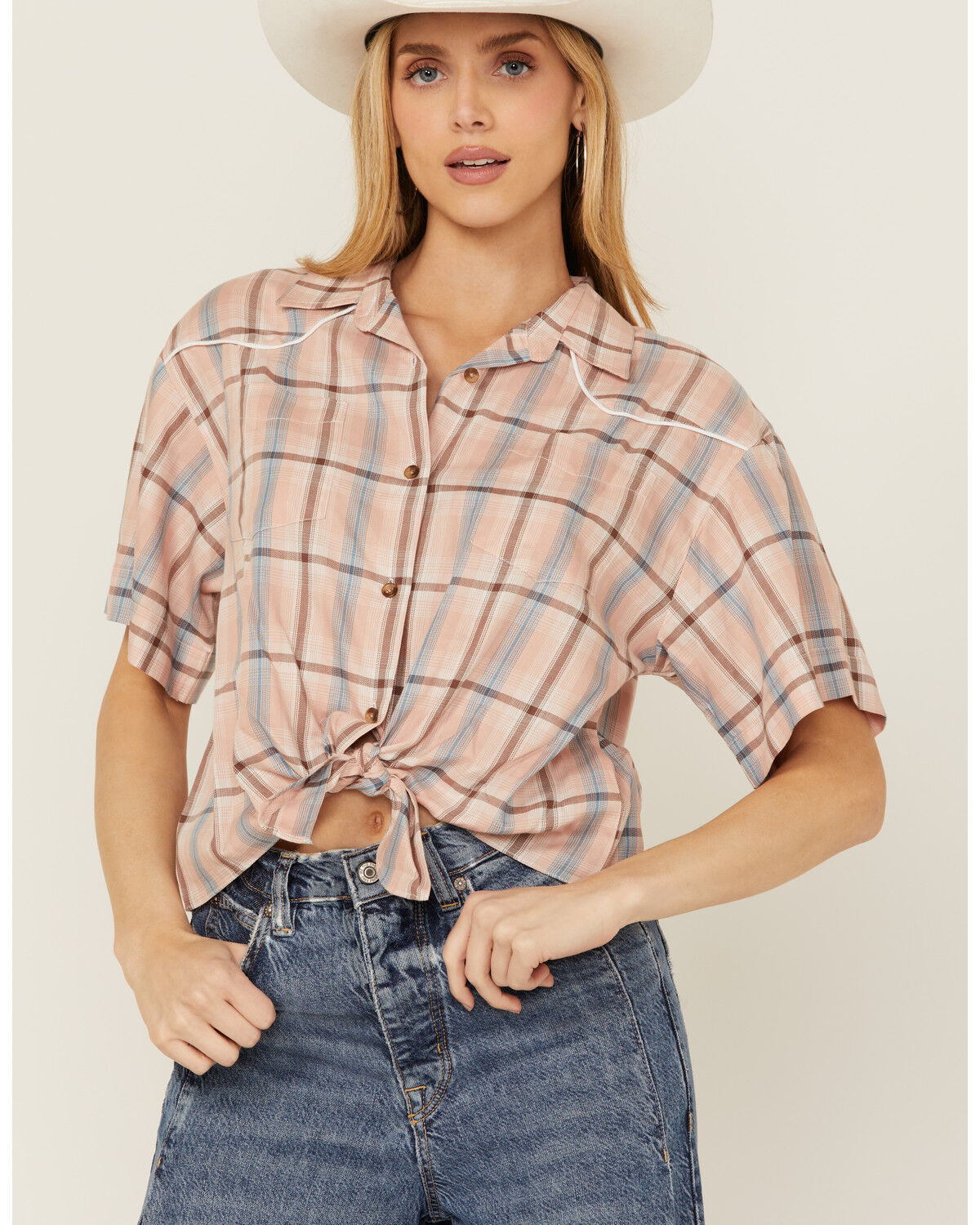 Image #1 - Cumberland Outfitters Women's Plaid Print Short Sleeve Button-Down Western Shirt, Peach, hi-res