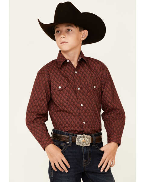 Panhandle Select Boys' Red Wallpaper Print Long Sleeve Snap Western Shirt , Red, hi-res