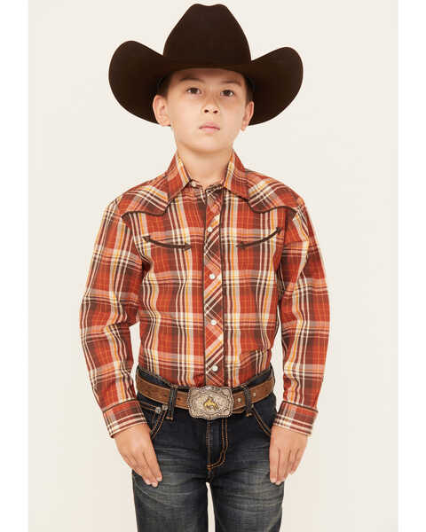 Image #1 - Roper Boys' Plaid Print Cowboy Embroidery Long Sleeve Pearl Snap Western Shirt, Rust Copper, hi-res