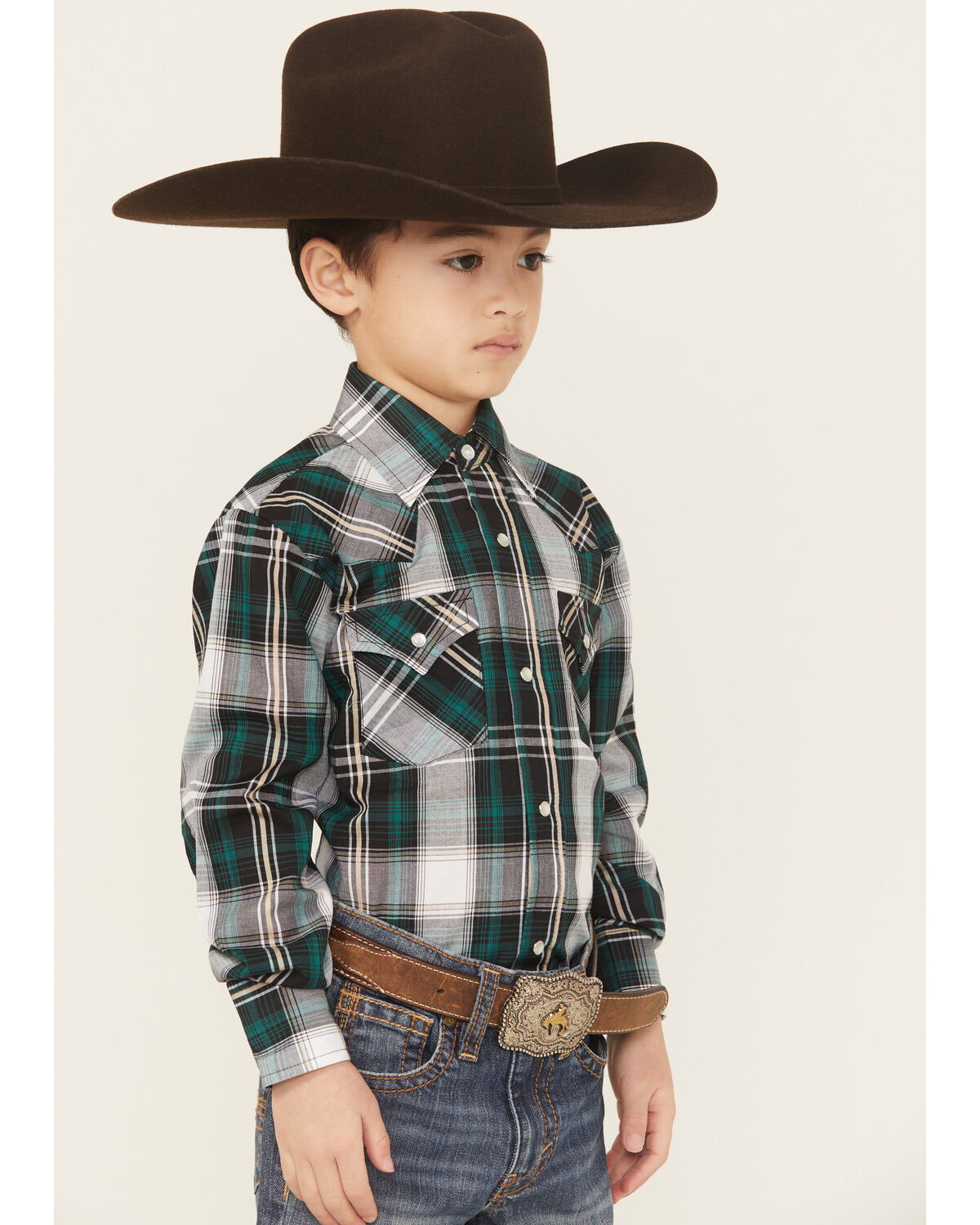 Image #2 - Ely Walker Boys' Plaid Print Long Sleeve Pearl Snap Western Shirt, Green, hi-res