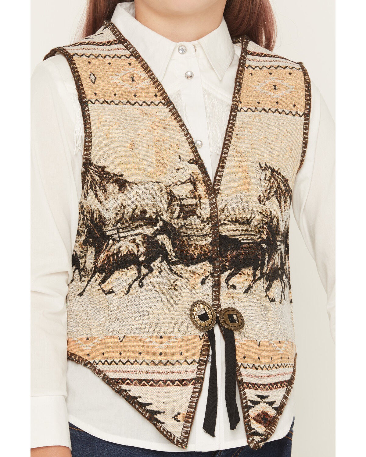 Image #3 - Fornia Girls' Horse Print Tapestry Vest, Ivory, hi-res