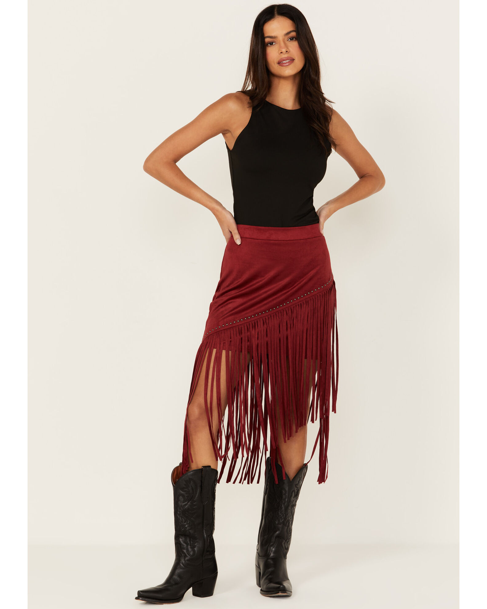 Idyllwind Women's Shiloh Faux Suede Asymmetrical Fringe Skirt, Dark Red