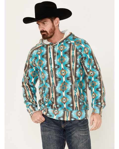 Rock & Roll Denim Men's Southwestern Hooded Sweatshirt, Turquoise, hi-res