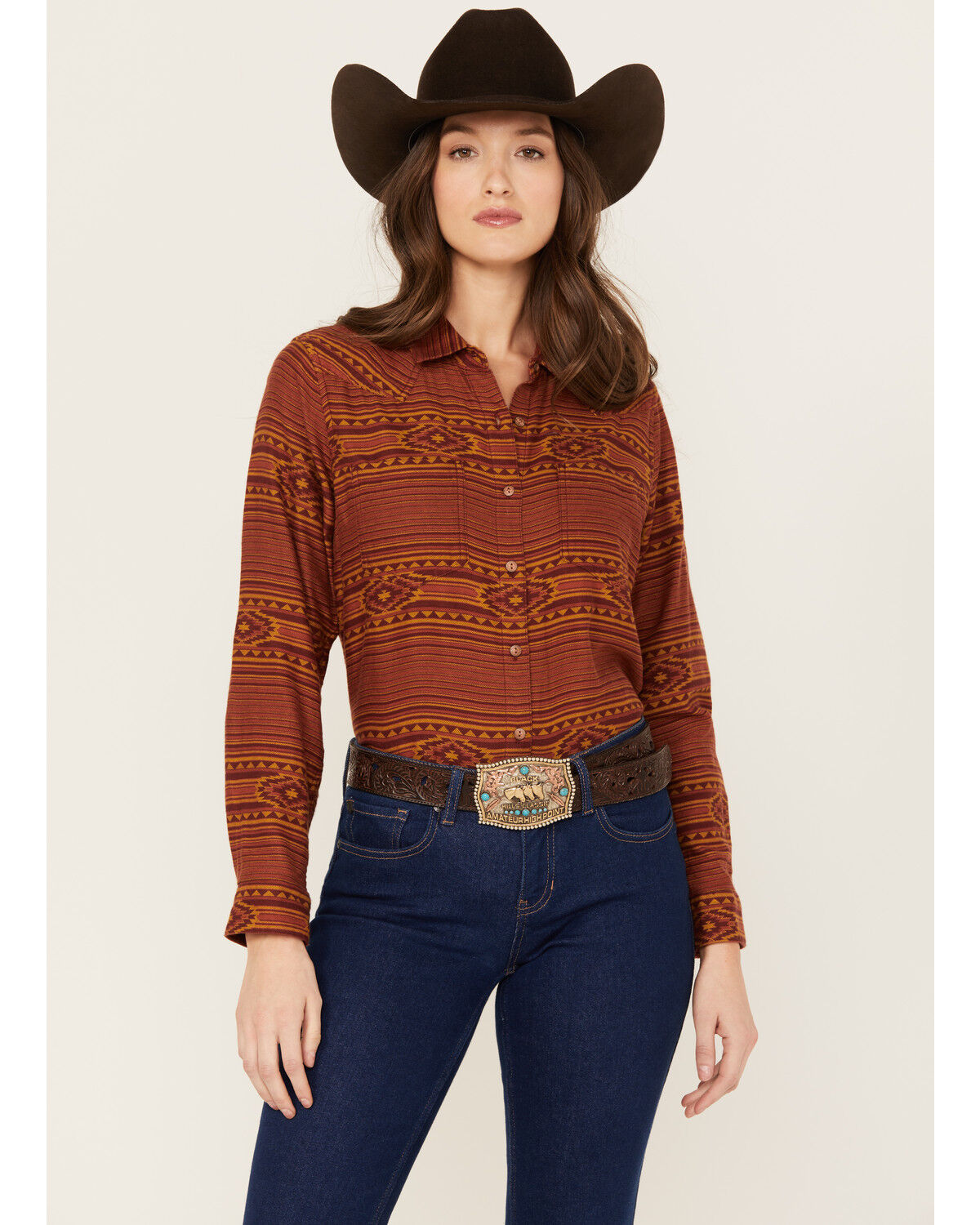Image #2 - Ariat Women's Billie Jean Southwestern Print Long Sleeve Button-Down Western Shirt, Rust Copper, hi-res