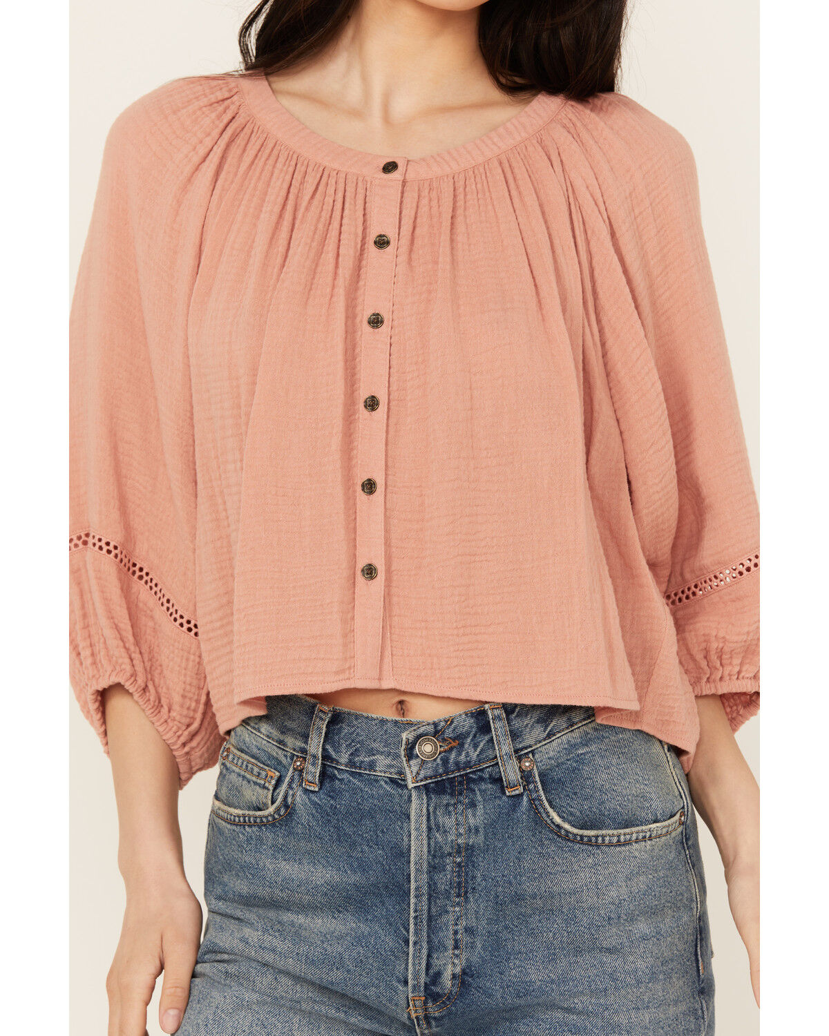 Image #3 - Cleo + Wolf Women's Brie Crochet Trim Long Sleeve Shirt, Peach, hi-res