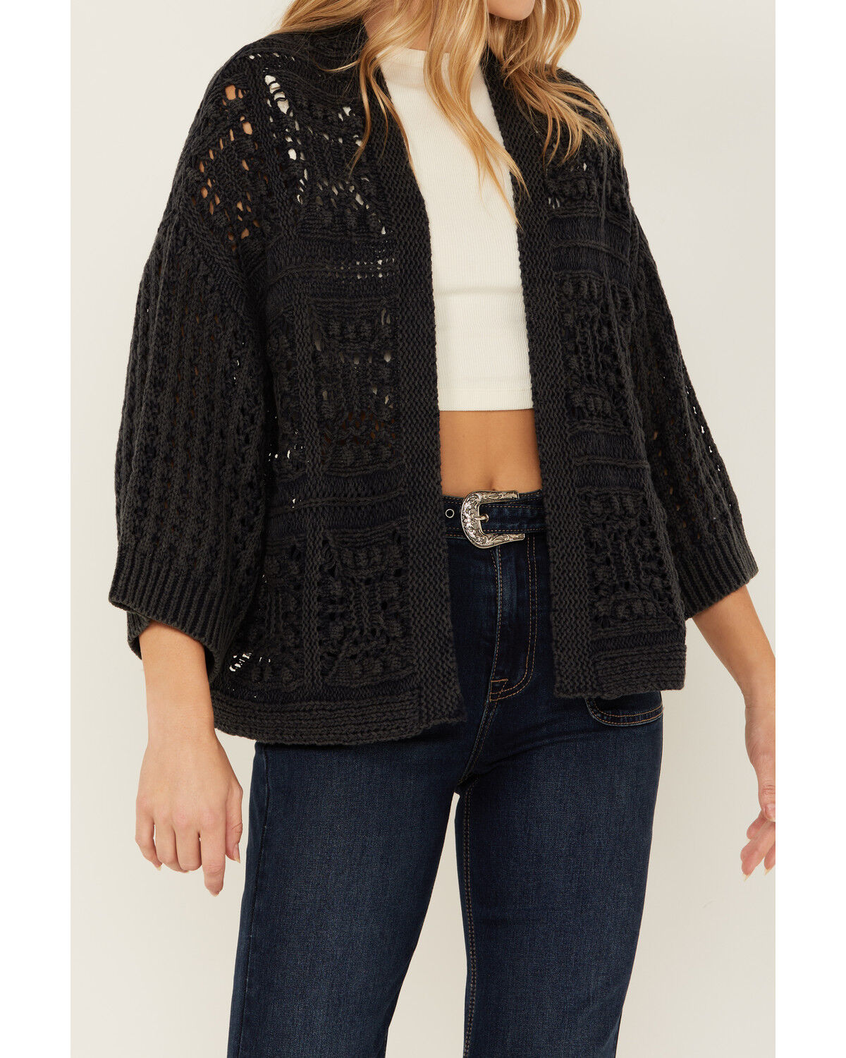 Image #3 - Cotton & Rye Women's Distressed Open Cardigan, Blue, hi-res