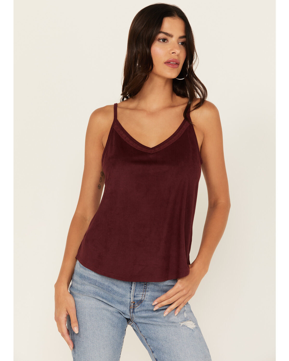 Image #1 - Shyanne Women's Crochet Lace Faux Suede Cami Top, Maroon, hi-res