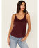 Image #1 - Shyanne Women's Crochet Lace Faux Suede Cami Top, Maroon, hi-res