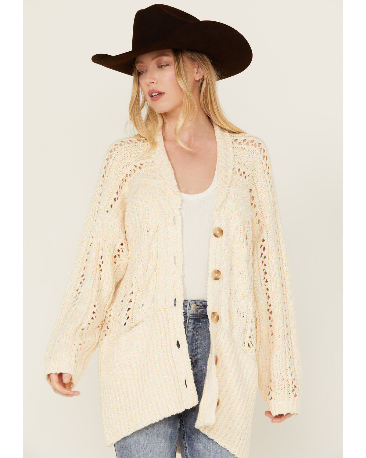 Image #2 - Free People Women's Cable Knit Button-Down Cardigan, Ivory, hi-res