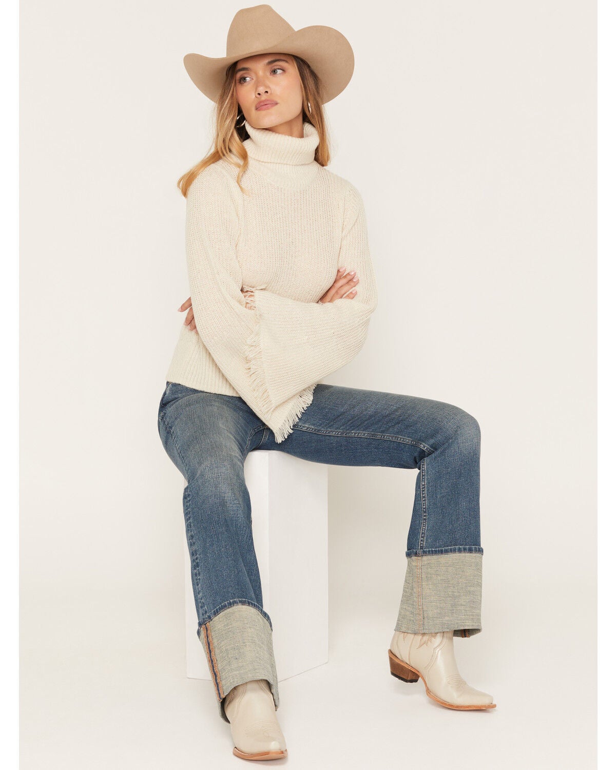 Shyanne Women's Solid Bell Sleeve Turtleneck Sweater, Natural, hi-res