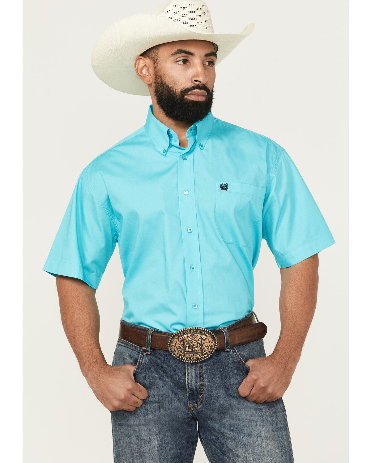 Image #1 - Cinch Men's Solid Short Sleeve Button-Down Western Shirt, Turquoise, hi-res