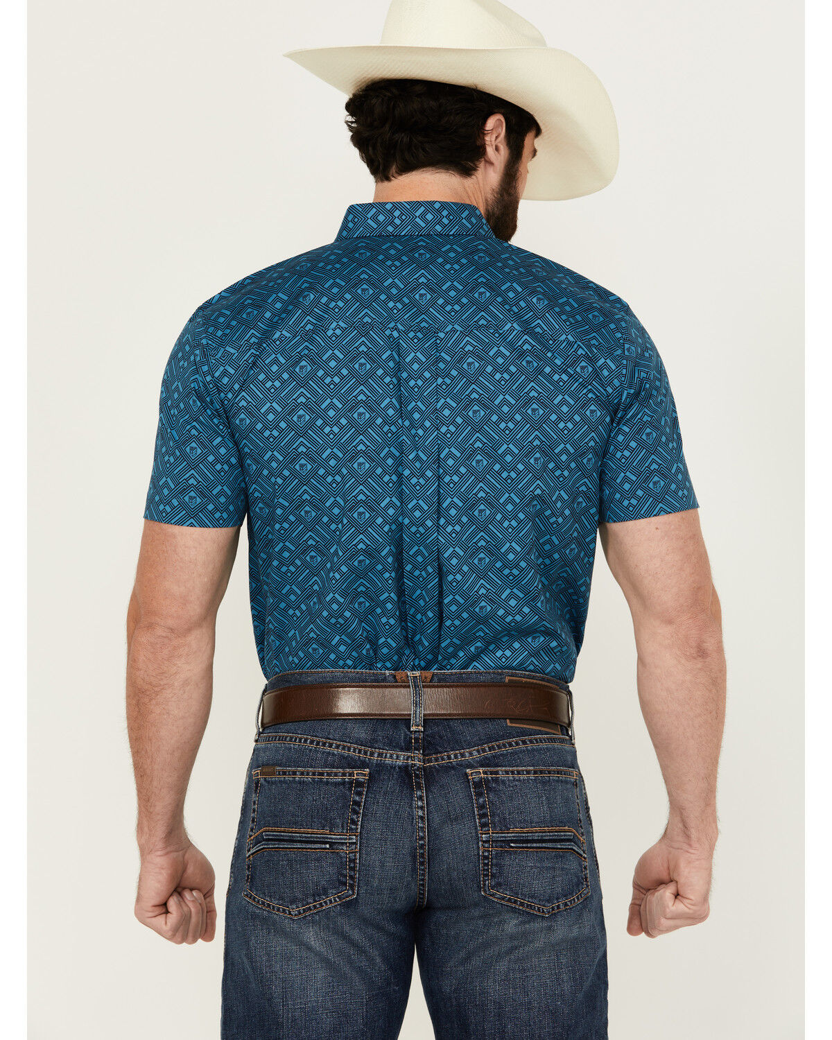 Image #4 - RANK 45® Men's Interlock Plains Abstract Geo Print Short Sleeve Button-Down Stretch Western Shirt, Medium Blue, hi-res