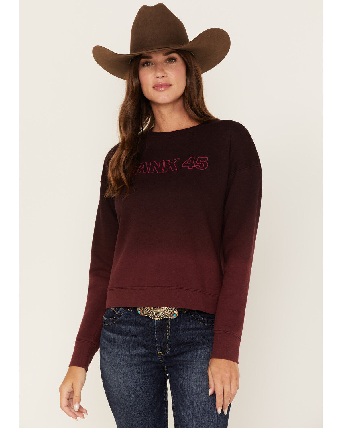 Image #1 - RANK 45® Women's Long Sleeve Ombre Pullover Sweater, Burgundy, hi-res