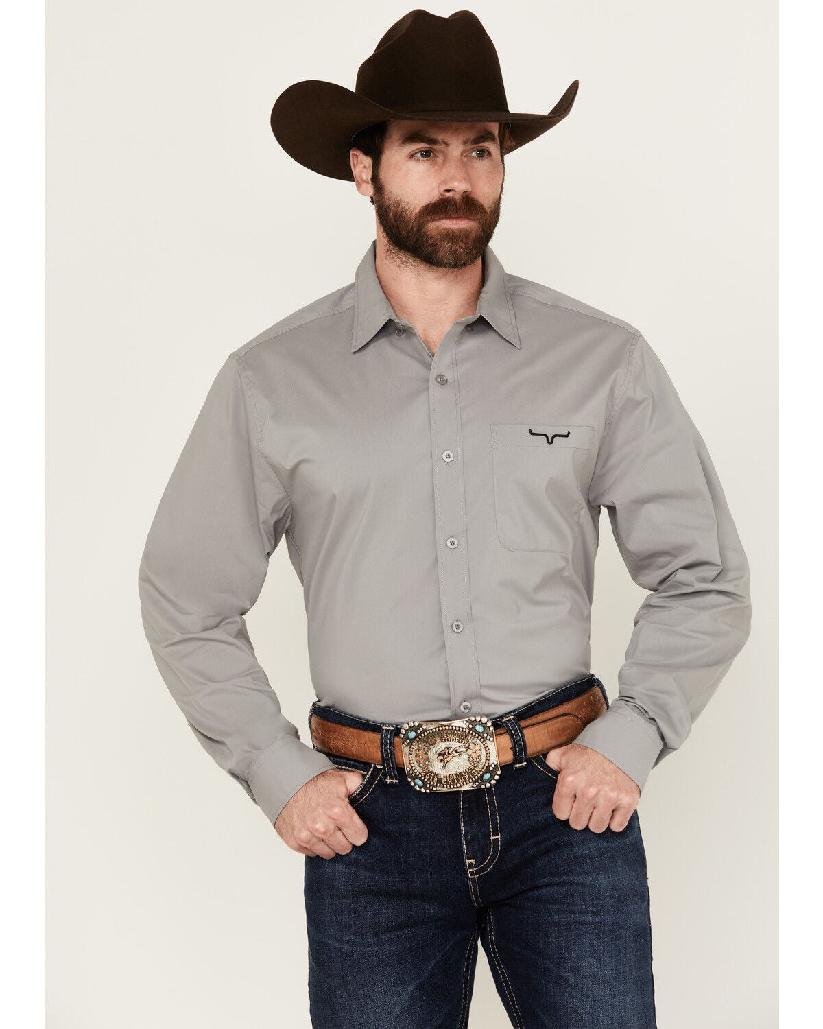 Kimes Ranch Men's Team Solid Long Sleeve Button-Down Performance Western Shirt, Grey, hi-res