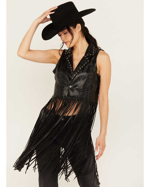 Rock & Roll Denim Women's Embellished Long Fringe Vest , Black, hi-res