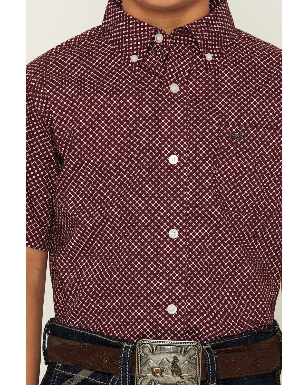 Image #3 - Ariat Boys' Geo Print Short Sleeve Button-Down Western Shirt, Maroon, hi-res
