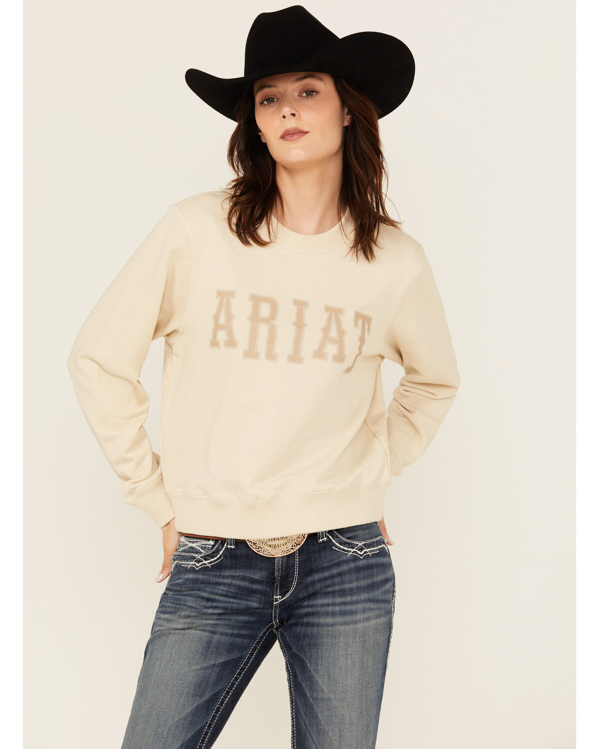 Image #1 - Ariat Women's Essential Logo Crewneck Sweatshirt, Cream, hi-res