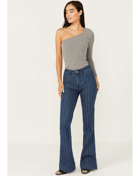 Rock & Roll Women's Medium Wash High Rise Jacquard Pinstripe Trouser Jeans, Medium Wash, hi-res