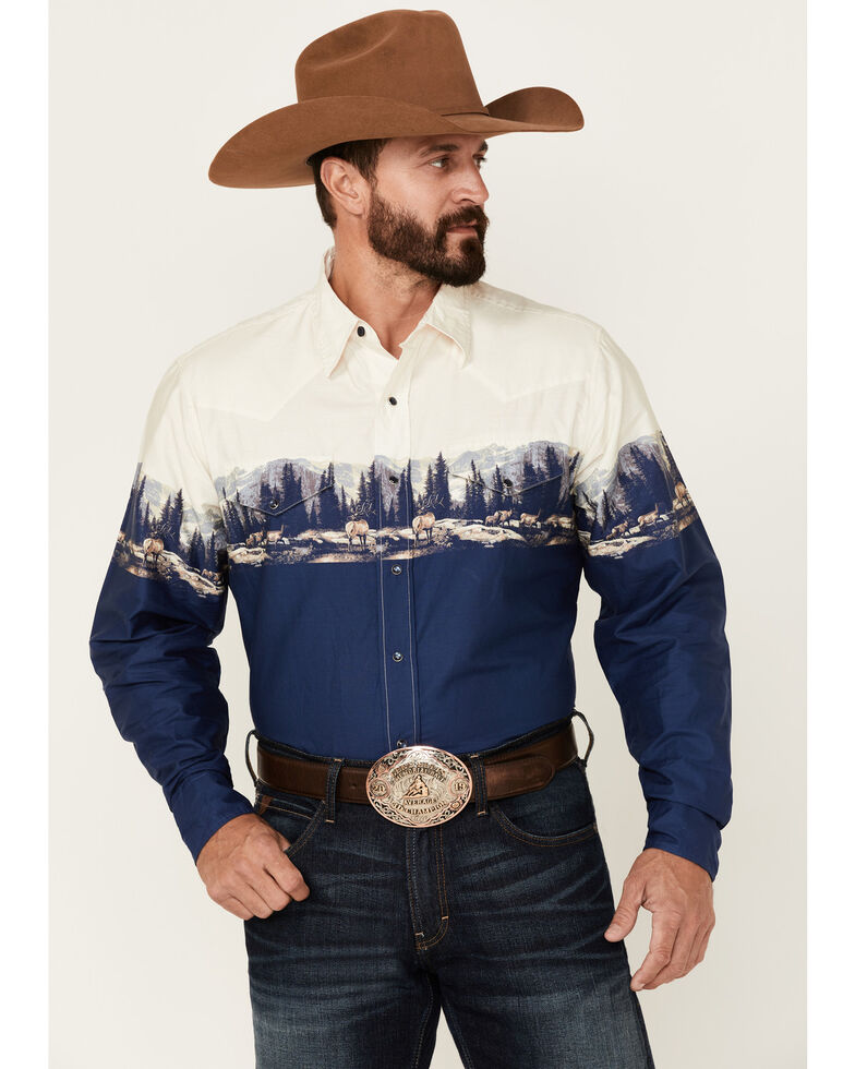 Roper Men's Elk Landscape Border Print Long Sleeve Snap Western Shirt , Blue, hi-res
