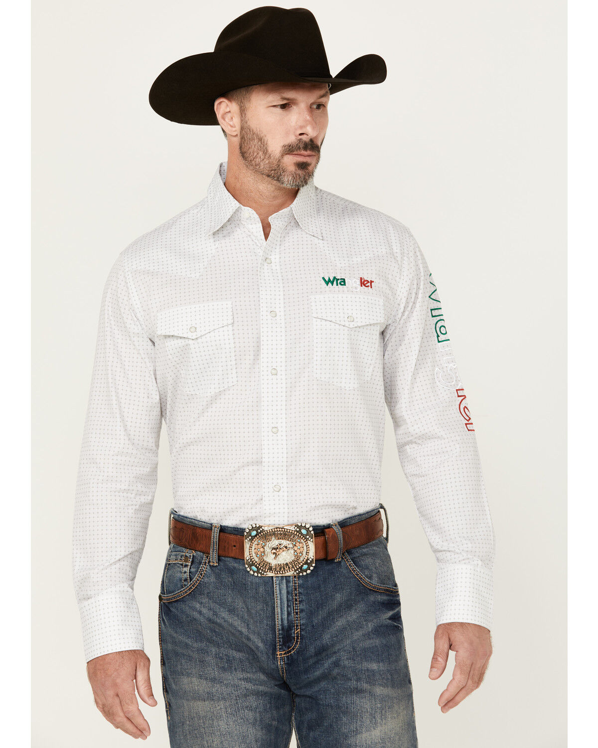 Image #1 - Wrangler Men's Mexico Logo Geo Print Long Sleeve Snap Western Shirt, White, hi-res