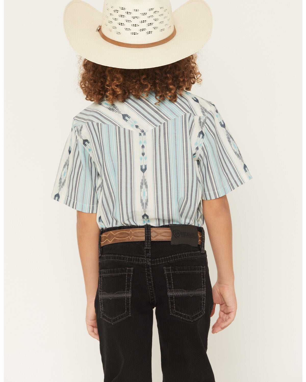 Image #4 - Cody James Boys' Heath Southwestern Striped Short Sleeve Snap Western Shirt, Blue, hi-res