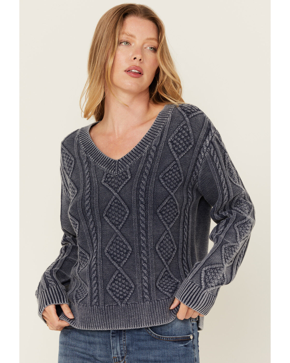 Image #2 - Cleo + Wolf Women's Clark Acid Wash Cable Knit Sweater, Blue, hi-res