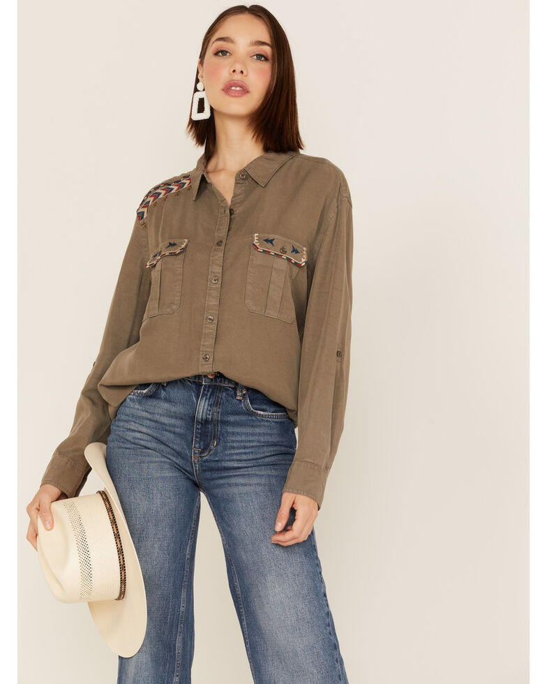 Panhandle Women's Olive Embroidered Studded Long Sleeve Shirt, Olive, hi-res